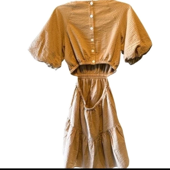 Madewell Women's Seersucker Puff-Sleeve Tan Lagenlook Preppy Mini Dress. Sz L - Picture 6 of 9